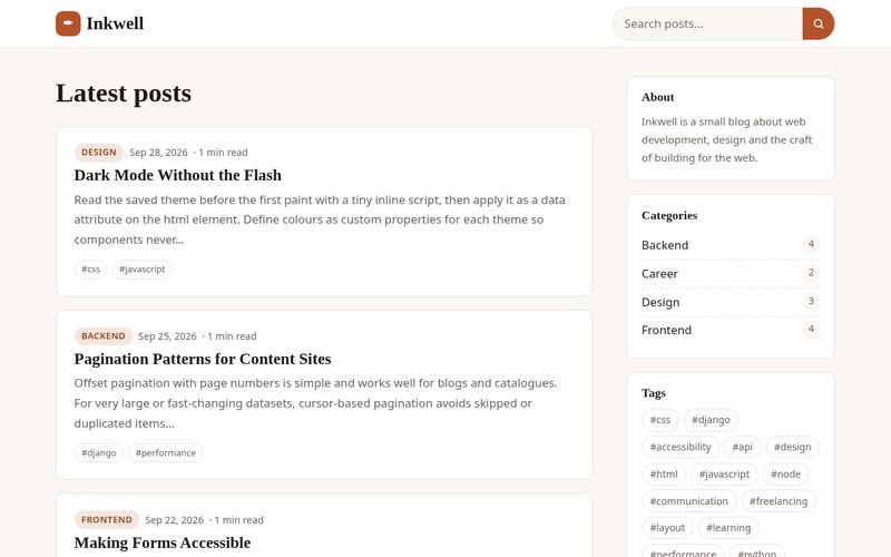 Inkwell blog home page with post list, categories and tag cloud