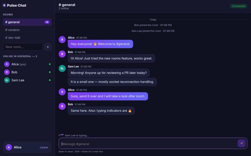 Pulse Chat room with messages, online users list and typing indicator