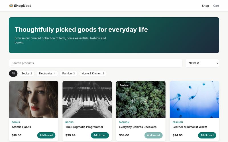 ShopNest store home page with product grid and category filters