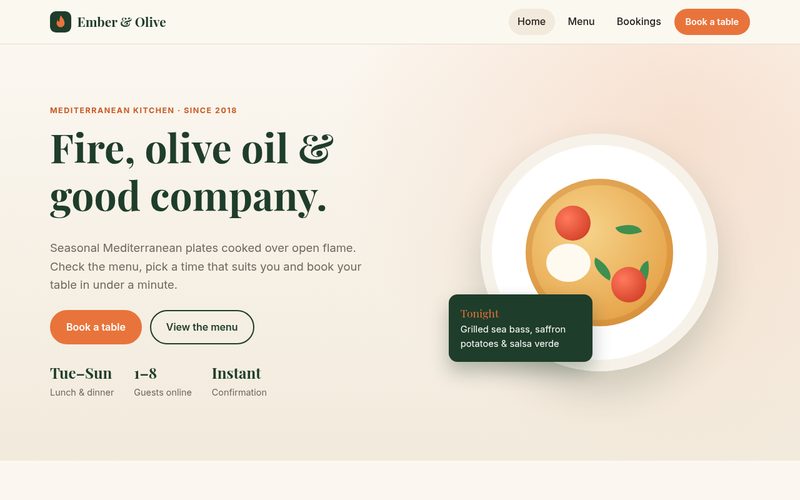 Tablebook restaurant home page with hero section and table booking button